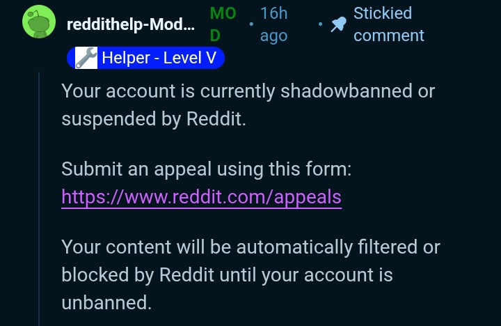 Reddit mod confirms account shadowbanned or suspended