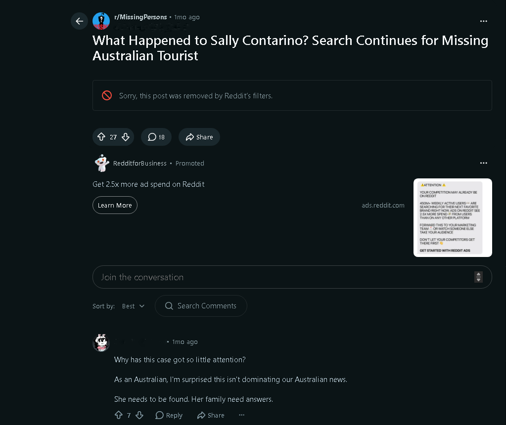 A separate Reddit user's post asking what happened to Sally Contarino, with 27 upvotes and 18 comments, removed by Reddit's filters, alongside a comment asking why the case has so little attention.