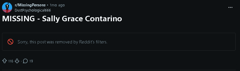 Reddit post about Sally Contarino — deleted by Reddit automated systems