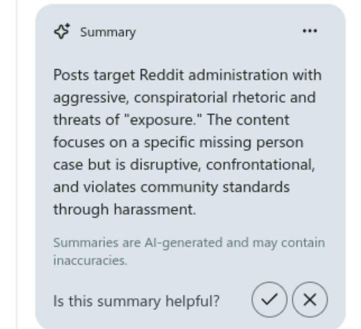 AutoMod-generated summary shown to a Reddit moderator, describing posts about Sally Contarino as targeting Reddit administration with 'aggressive, conspiratorial rhetoric' and accusing them of harassment.