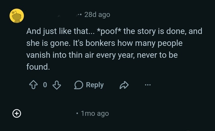 A Reddit user commenting on the removed post: 'And just like that, the story is done, and she is gone. It's bonkers how many people vanish into thin air every year, never to be found.'