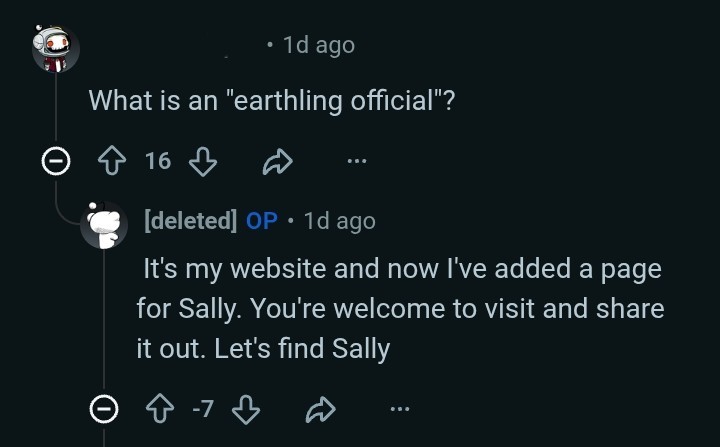 A Reddit user asking 'What is an earthling official?' receives 16 upvotes; the original poster's reply explaining it's their website with a page for Sally receives -7 downvotes.