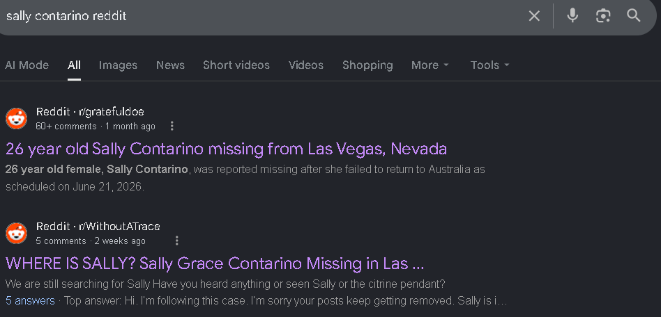 A Google search for 'sally contarino reddit' shows a deleted Reddit thread ranking as the second result, alongside another surviving thread noting posts kept getting removed.