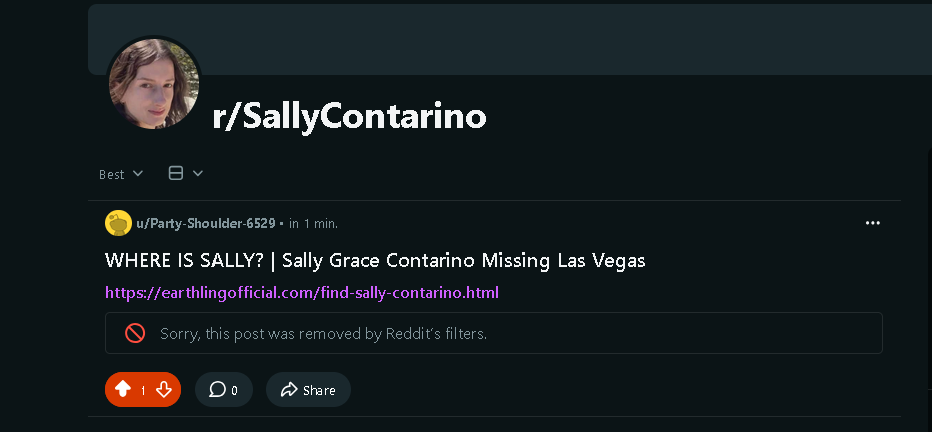 A Reddit community created specifically for Sally Contarino, showing no posts other than one from Earthling Official, which is marked as removed by Reddit's filters.