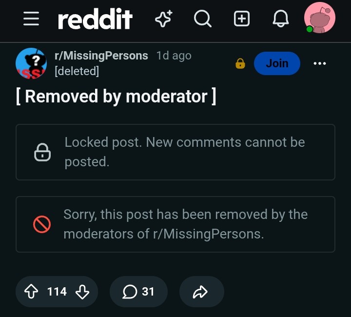 A post about Sally Contarino in r/MissingPersons with 114 upvotes and dozens of comments, before it was removed by a human moderator.