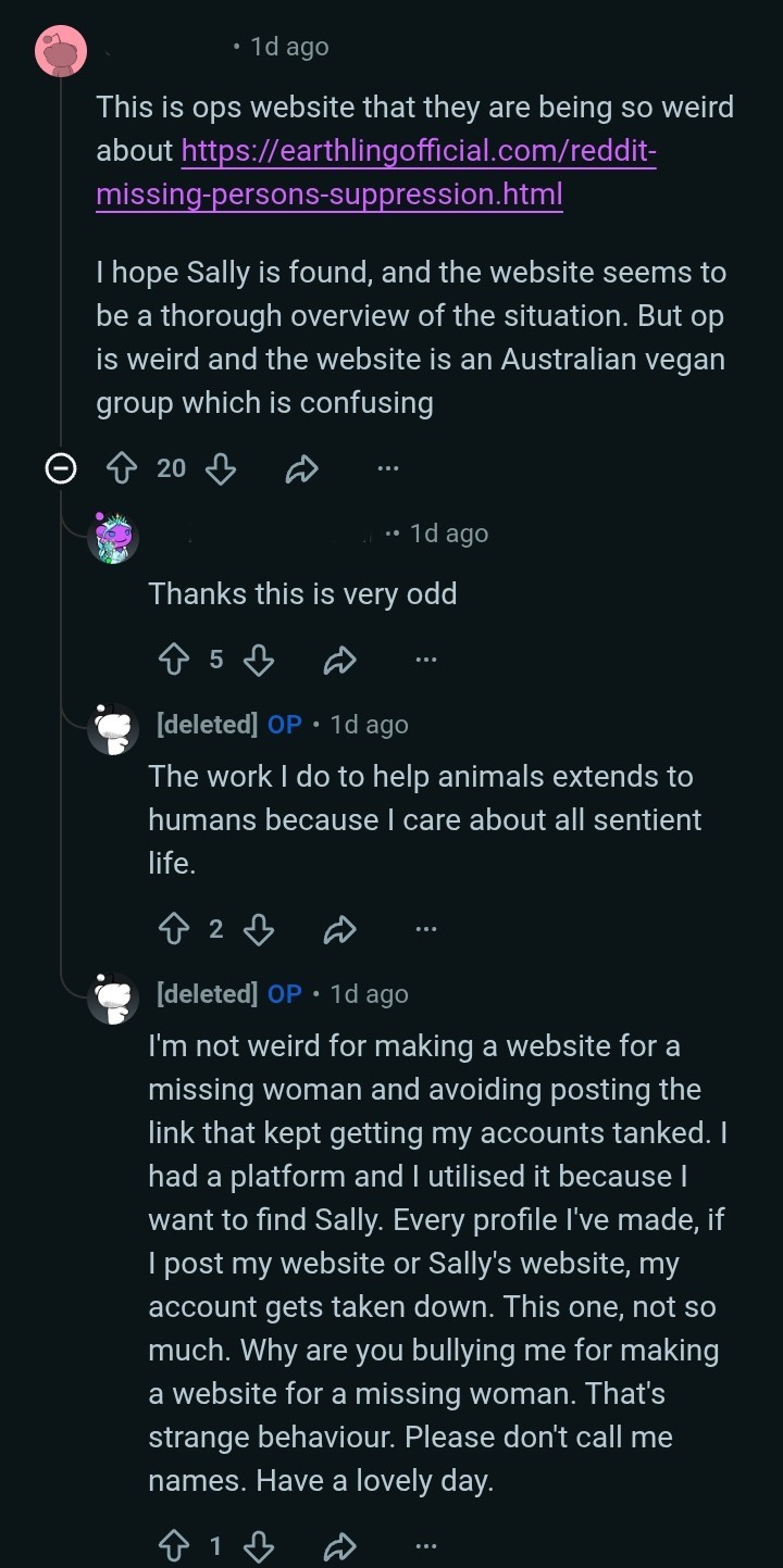 A Reddit comment calling the poster 'weird' is upvoted, while the poster's reply explaining it isn't weird to help find a missing person receives fewer upvotes.