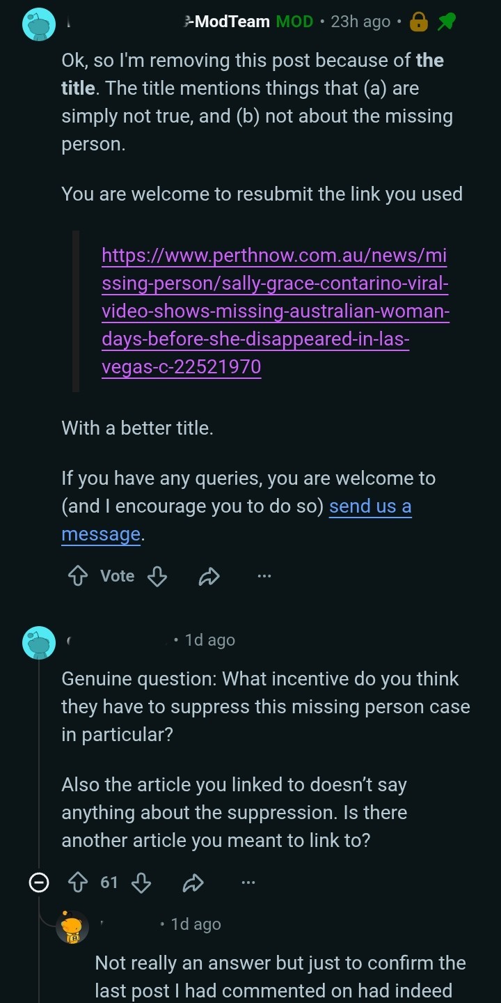 Missing Persons moderator team removing a post about Sally Contarino, stating the title 'mentions things that are simply not true' and inviting the poster to resubmit with a different link.