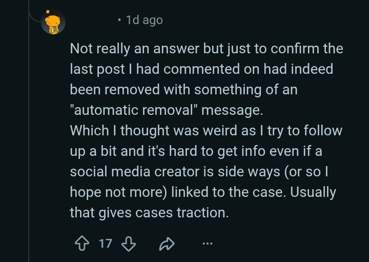 A Reddit user confirming that a comment about Sally Contarino was automatically removed, describing the removal as unusually fast for a case connected to a social media creator.