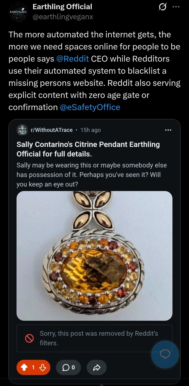 A post from Earthling Official on X showing Sally Contarino's citrine pendant and a screenshot of a deleted Reddit post, tagging the eSafety Commissioner and referencing a report about explicit content with no age gate.