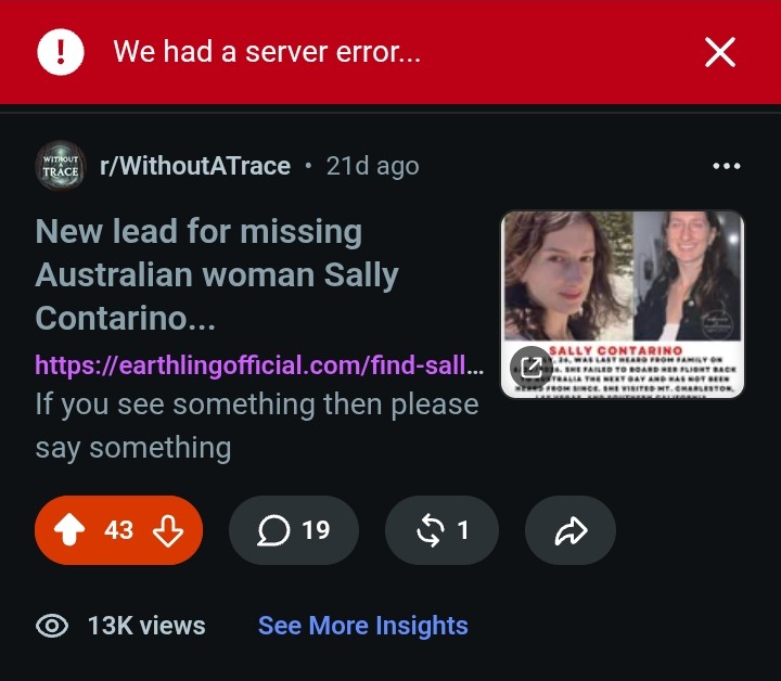A Reddit 'server error' message displayed over a Sally Contarino post that had 13,000 views, 43 upvotes and 19 comments before the account was suspended.