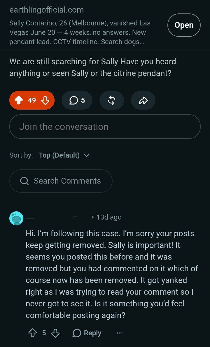 A Reddit user commenting under a Sally Contarino post that they are sorry the posts keep getting removed, saying Sally is important and asking if the poster would feel comfortable posting again.