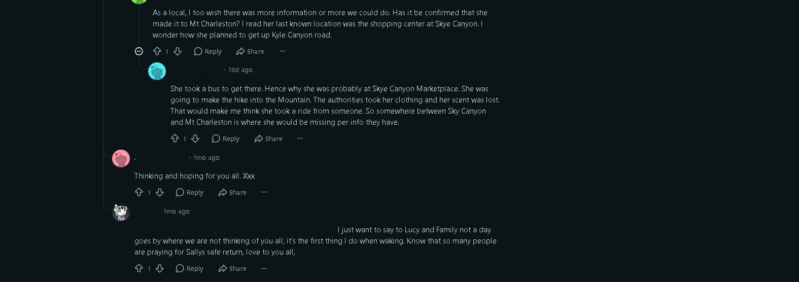 Reddit comments from local users discussing Sally Contarino's last known movements, including one from the mother of one of Sally's primary school friends offering condolences to her family.
